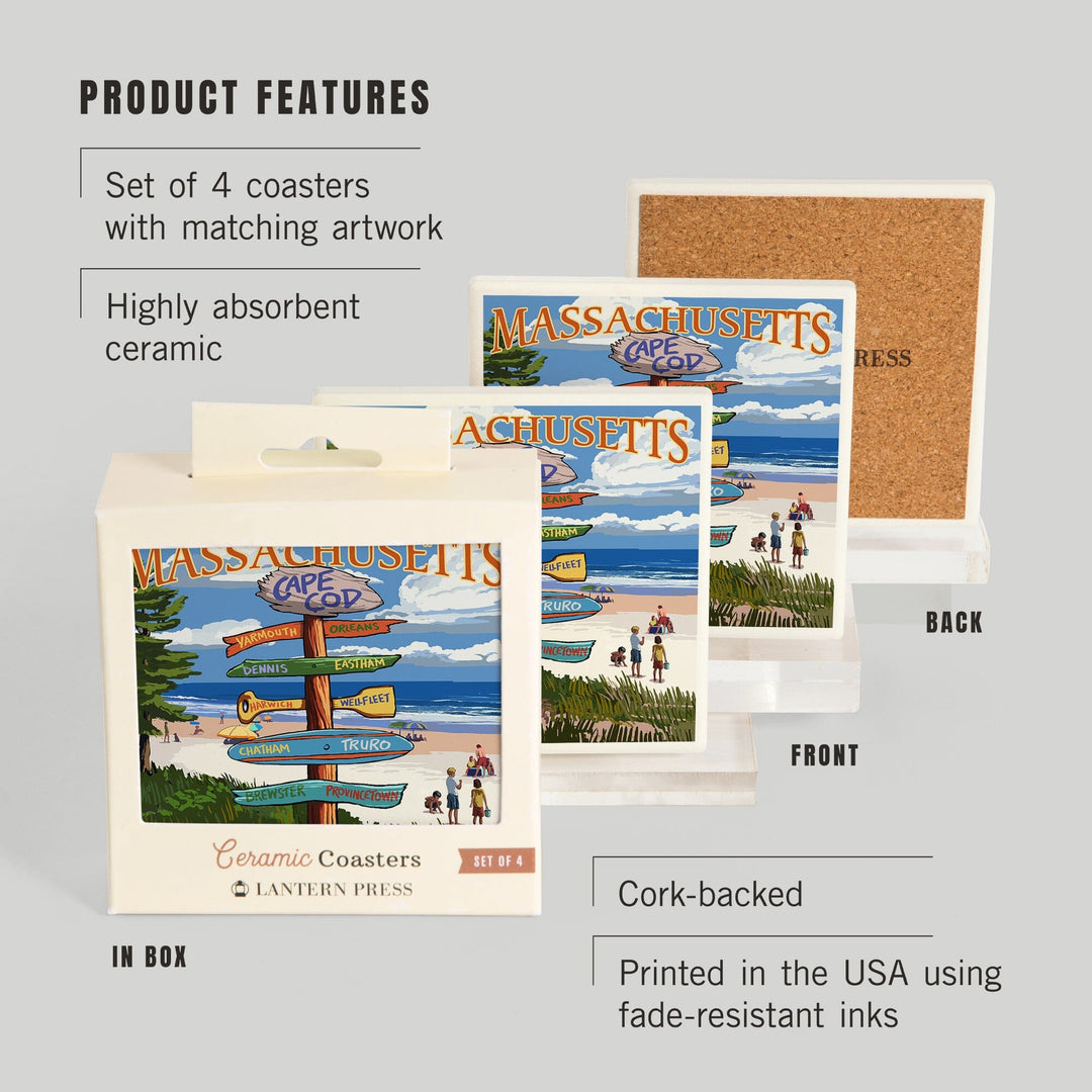 Cape Cod, Massachusetts, Destinations Sign (Version 2), Coasters Coasters Lantern Press 