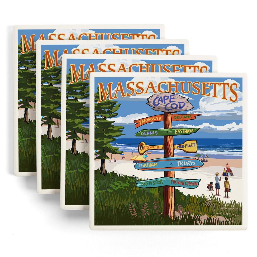 Cape Cod, Massachusetts, Destinations Sign (Version 2), Lantern Press Artwork, Coaster Set - Lantern Press