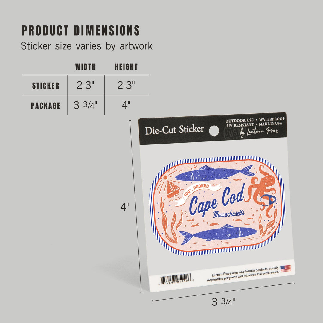 Cape Cod, Massachusetts, Dockside Series, 100% Hooked, Contour, Vinyl Sticker Sticker Lantern Press 