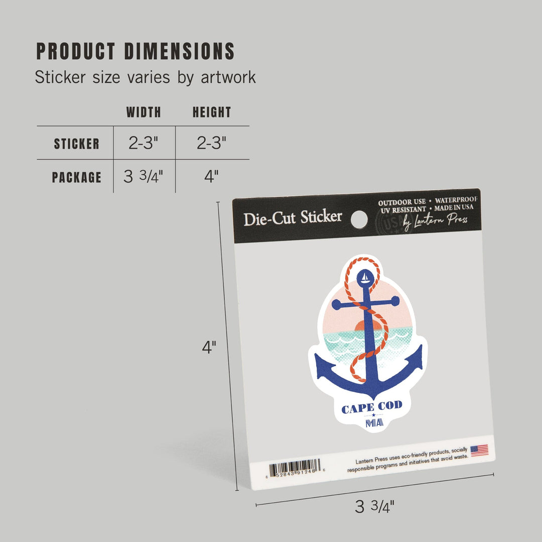 Cape Cod, Massachusetts, Dockside Series, Anchor, Contour, Vinyl Sticker Sticker Lantern Press 