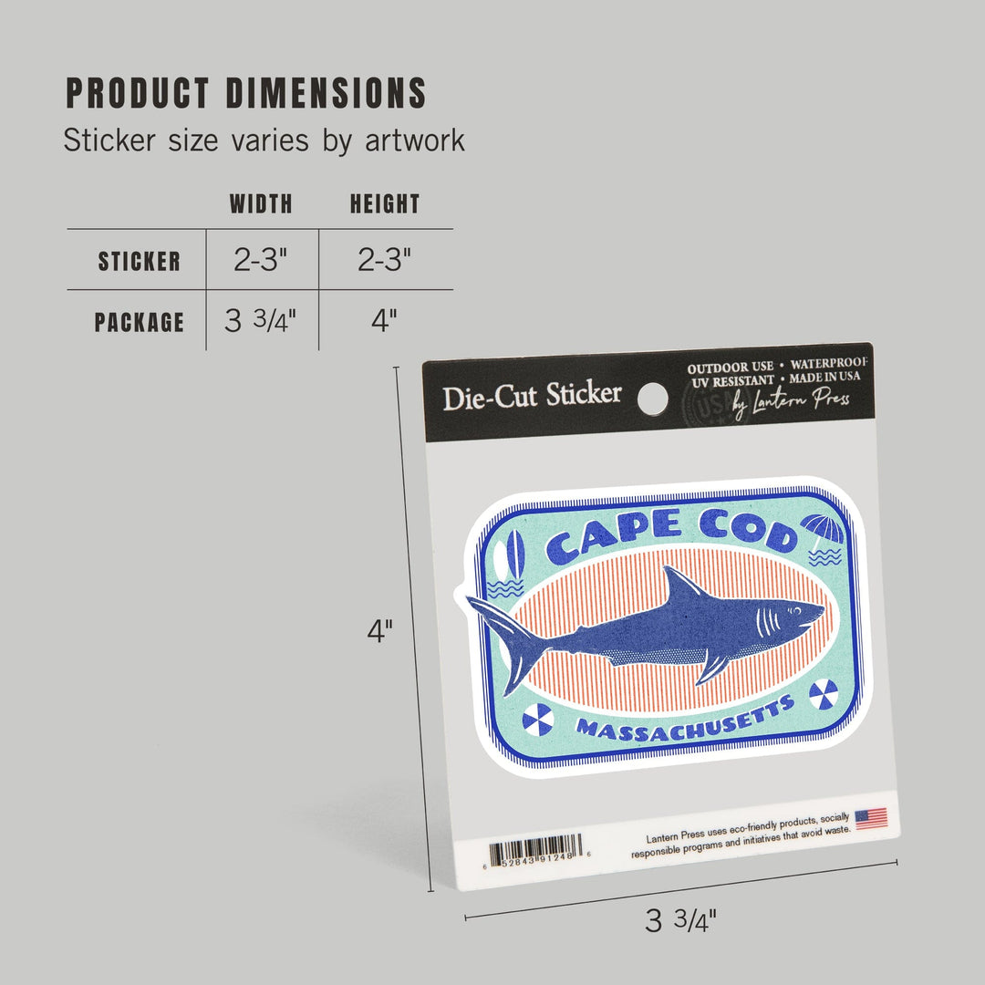 Cape Cod, Massachusetts, Dockside Series, Shark, Contour, Vinyl Sticker Sticker Lantern Press 