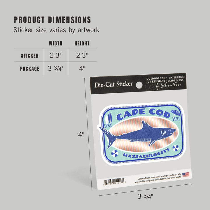 Cape Cod, Massachusetts, Dockside Series, Shark, Contour, Vinyl Sticker Sticker Lantern Press 