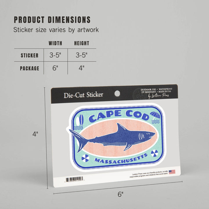 Cape Cod, Massachusetts, Dockside Series, Shark, Contour, Vinyl Sticker Sticker Lantern Press 