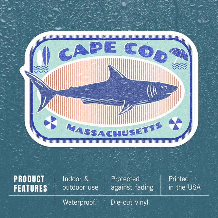 Cape Cod, Massachusetts, Dockside Series, Shark, Contour, Vinyl Sticker Sticker Lantern Press 