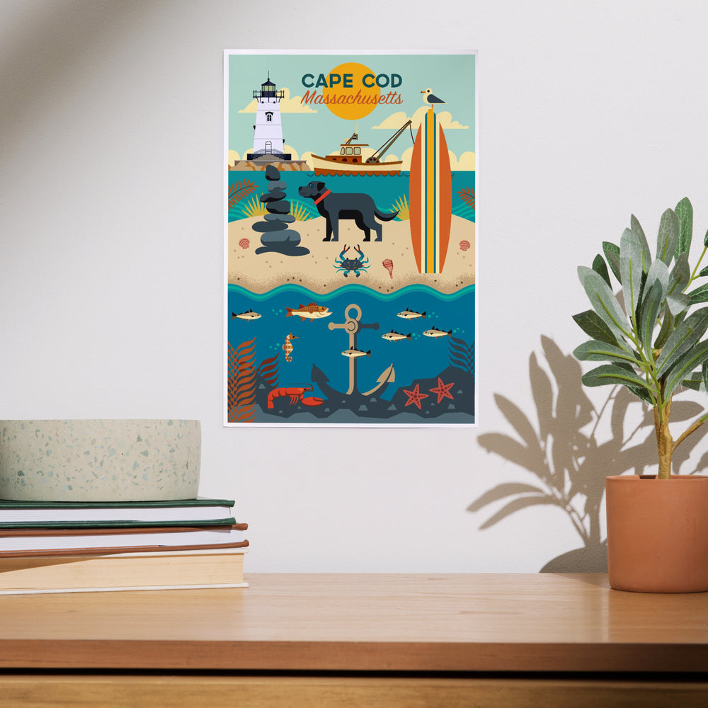Cape Cod, Massachusetts, Geometric, Beach and Lighthouse, Art & Giclee Prints Art Lantern Press 