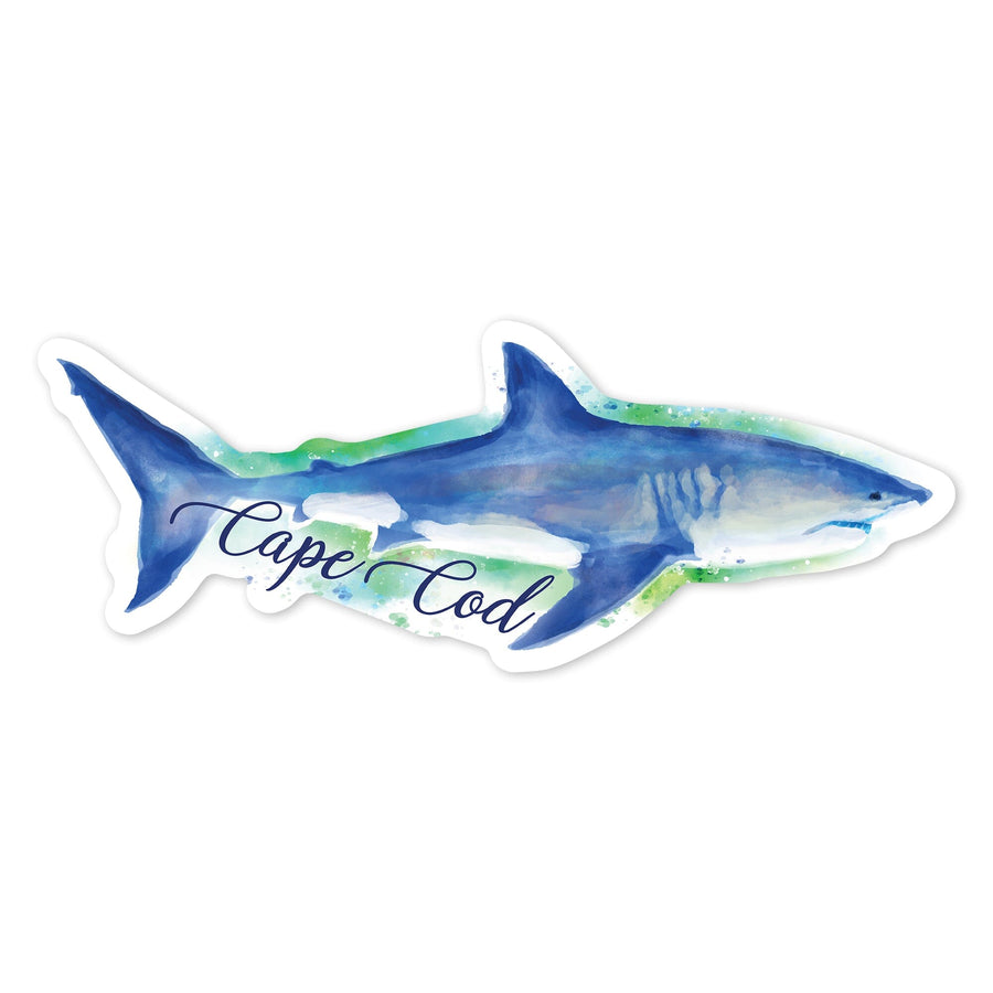 Cape Cod, Massachusetts, Great White Shark, Watercolor, Contour, Lantern Press Artwork, Vinyl Sticker Sticker Lantern Press 