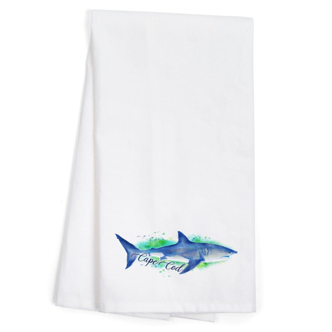 Cape Cod, Massachusetts, Great White Shark, Watercolor, Contour, Organic Cotton Kitchen Tea Towels Kitchen Lantern Press 