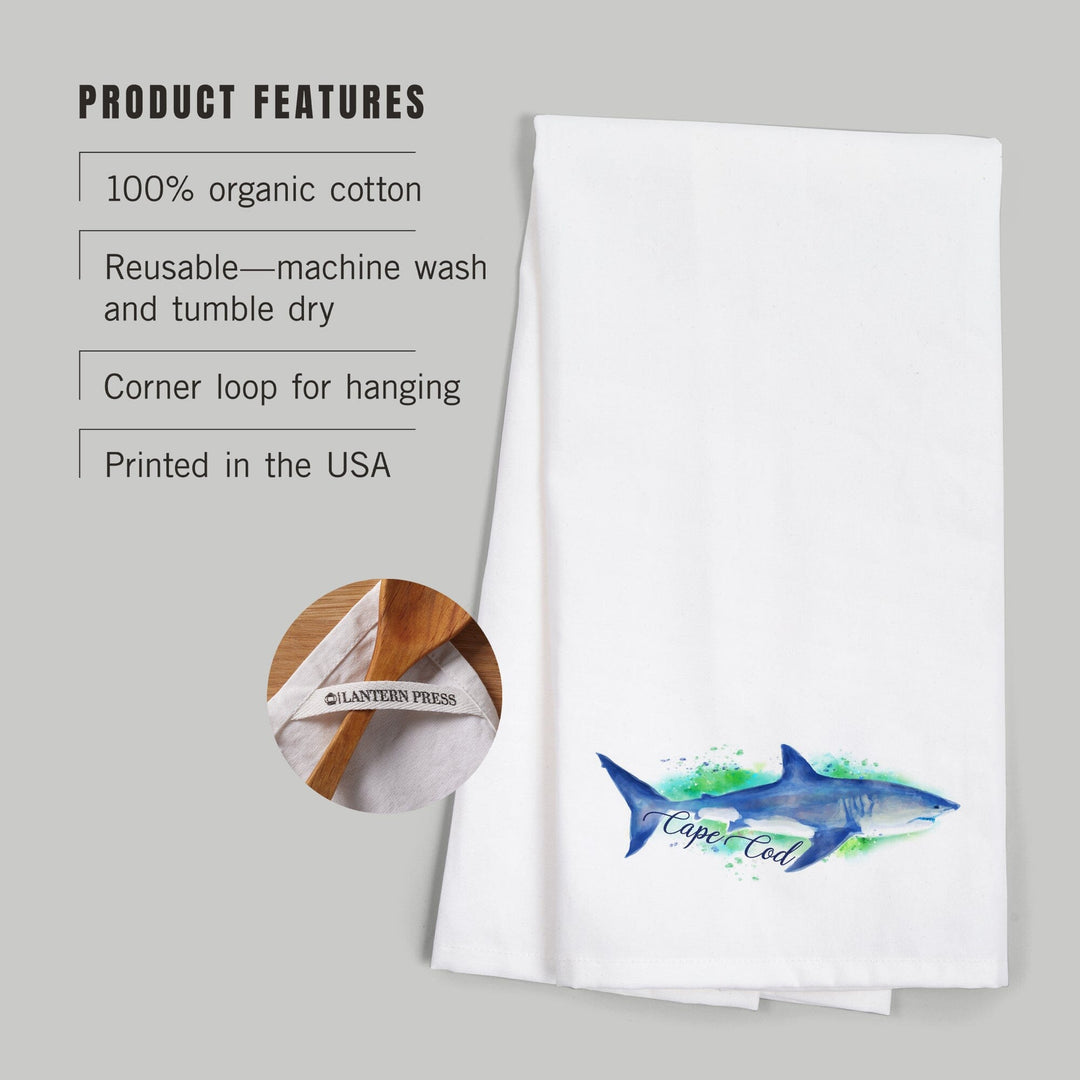 Cape Cod, Massachusetts, Great White Shark, Watercolor, Contour, Organic Cotton Kitchen Tea Towels Kitchen Lantern Press 