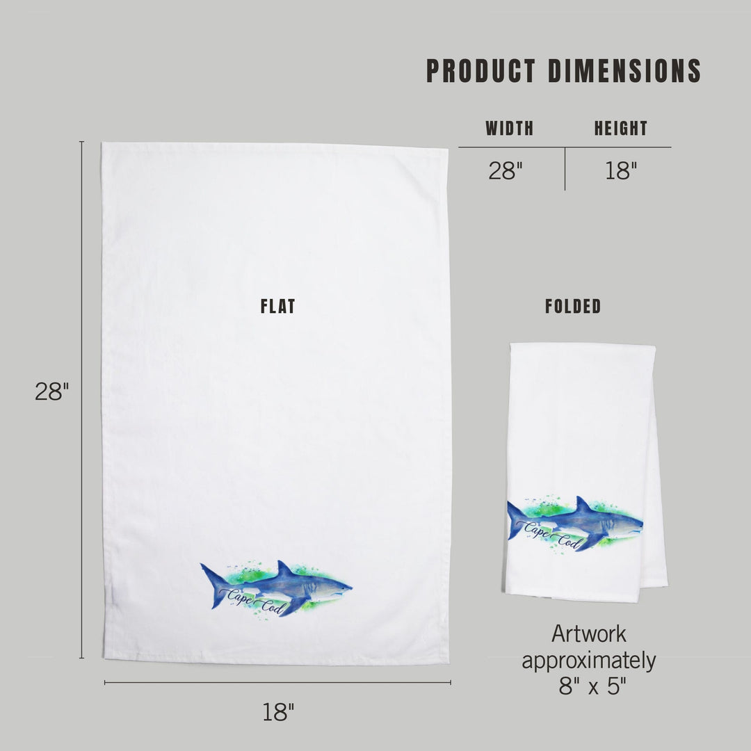 Cape Cod, Massachusetts, Great White Shark, Watercolor, Contour, Organic Cotton Kitchen Tea Towels Kitchen Lantern Press 