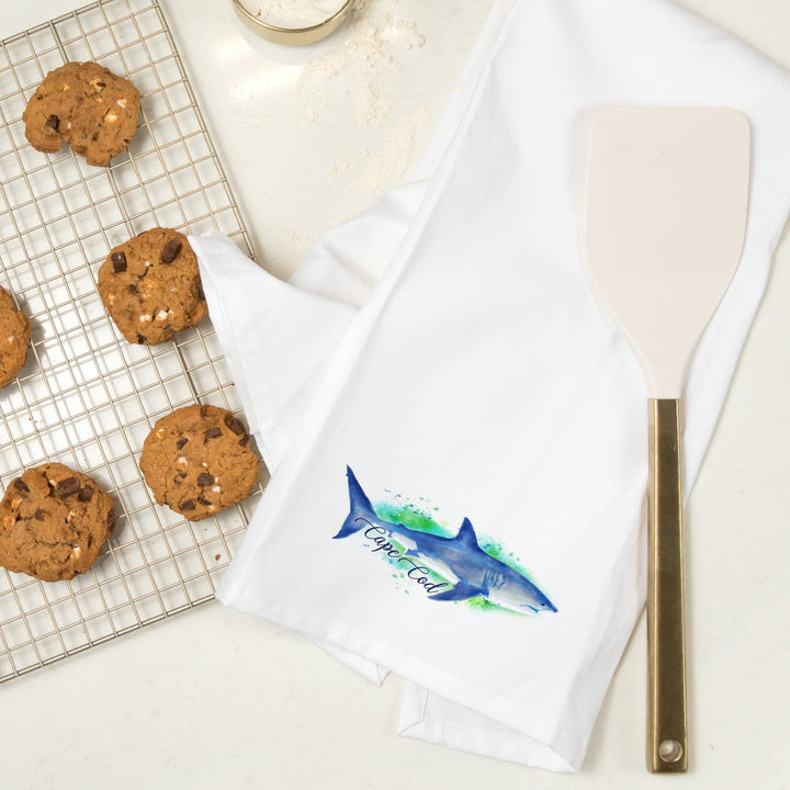 Cape Cod, Massachusetts, Great White Shark, Watercolor, Contour, Organic Cotton Kitchen Tea Towels Kitchen Lantern Press 