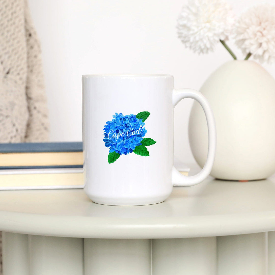 Cape Cod, Massachusetts, Hydrangea, Watercolor, Contour, Lantern Press Artwork, Ceramic Mug - Lantern Press