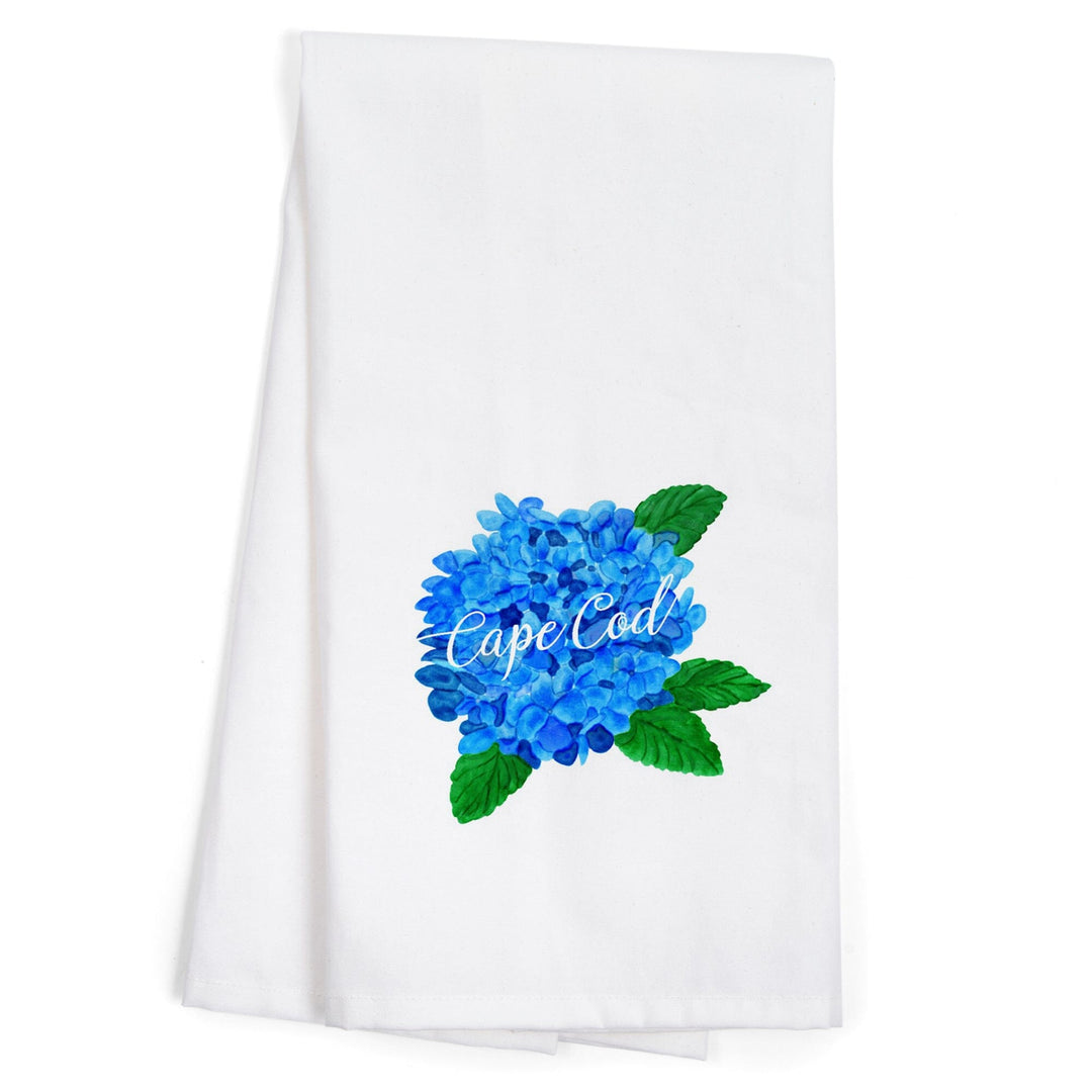 Cape Cod, Massachusetts, Hydrangea, Watercolor, Contour, Organic Cotton Kitchen Tea Towels - Lantern Press