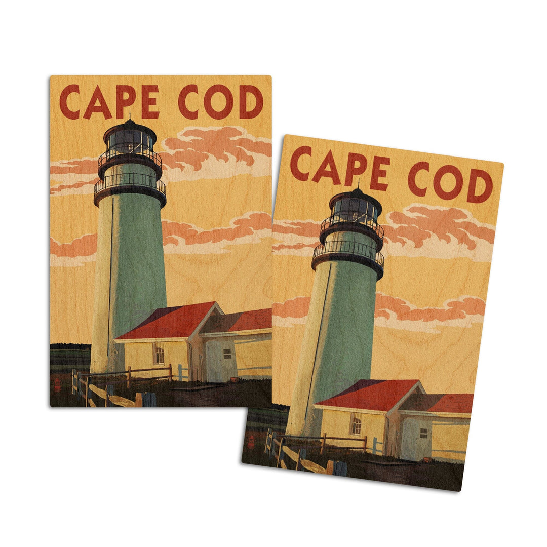 Cape Cod, Massachusetts, Lighthouse, Lantern Press Artwork, Wood Signs and Postcards Wood Lantern Press 4x6 Wood Postcard Set 