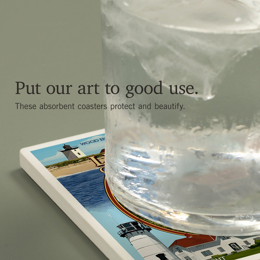 Cape Cod, Massachusetts, Lighthouses Montage, Coasters Coasters Lantern Press 