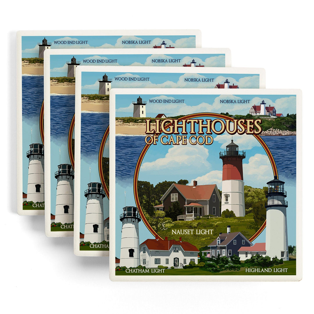 Cape Cod, Massachusetts, Lighthouses Montage, Coasters Coasters Lantern Press 