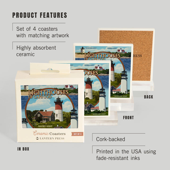 Cape Cod, Massachusetts, Lighthouses Montage, Coasters Coasters Lantern Press 