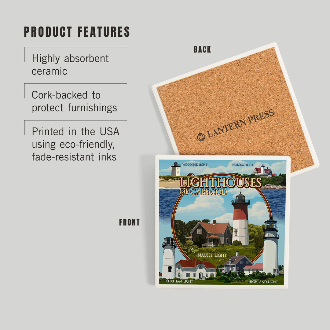 Cape Cod, Massachusetts, Lighthouses Montage, Coasters Coasters Lantern Press 