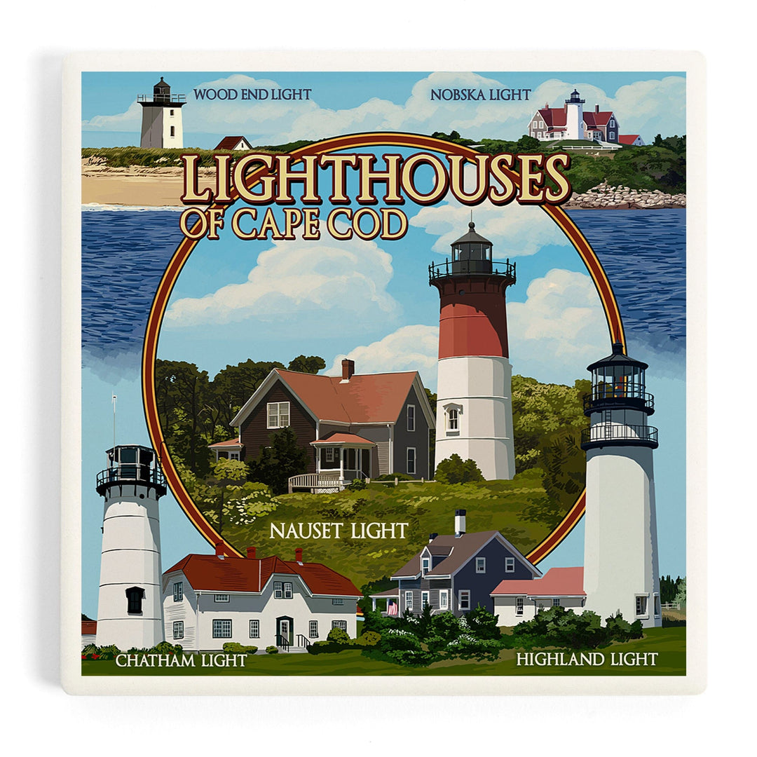 Cape Cod, Massachusetts, Lighthouses Montage, Coasters Coasters Lantern Press 