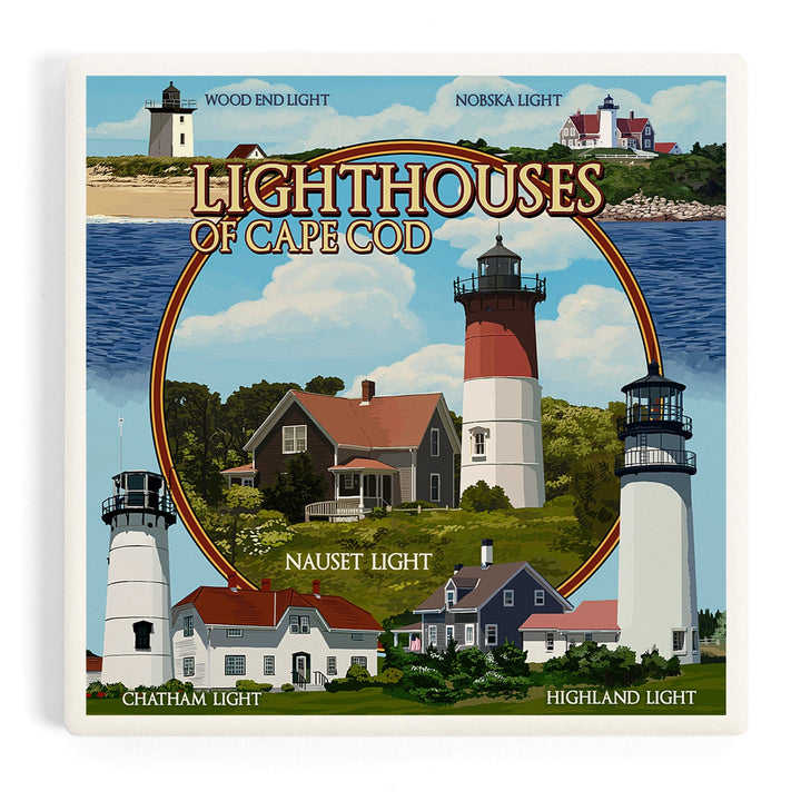 Cape Cod, Massachusetts, Lighthouses Montage, Coasters Coasters Lantern Press 