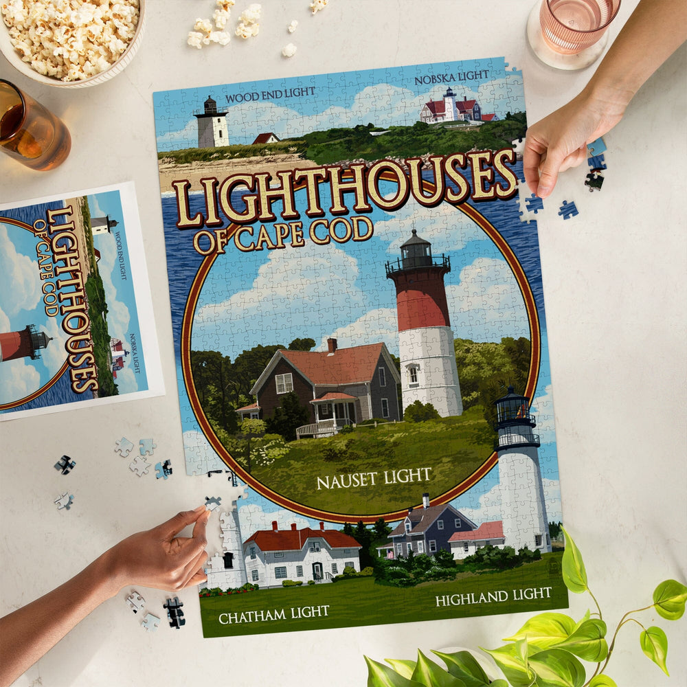Cape Cod, Massachusetts, Lighthouses Montage, Jigsaw Puzzle Puzzle Lantern Press 