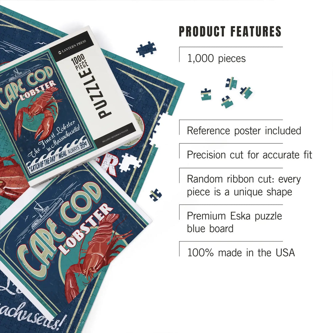 Cape Cod, Massachusetts, Lobster Vintage Sign, Jigsaw Puzzle Puzzle Lantern Press 