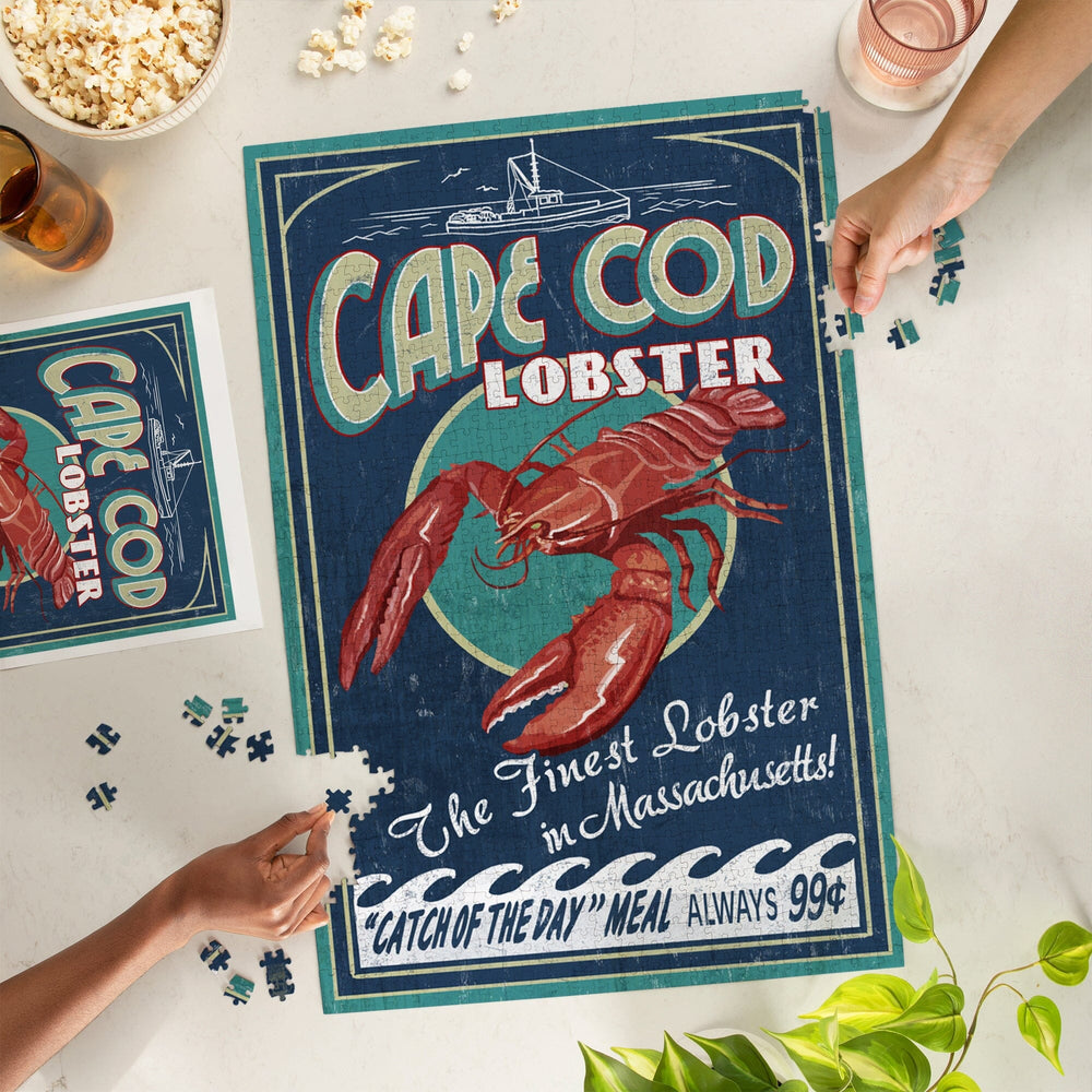 Cape Cod, Massachusetts, Lobster Vintage Sign, Jigsaw Puzzle Puzzle Lantern Press 