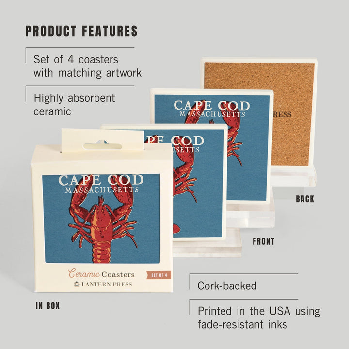 Cape Cod, Massachusetts, Lobster Woodblock, Lantern Press Artwork, Coaster Set - Lantern Press