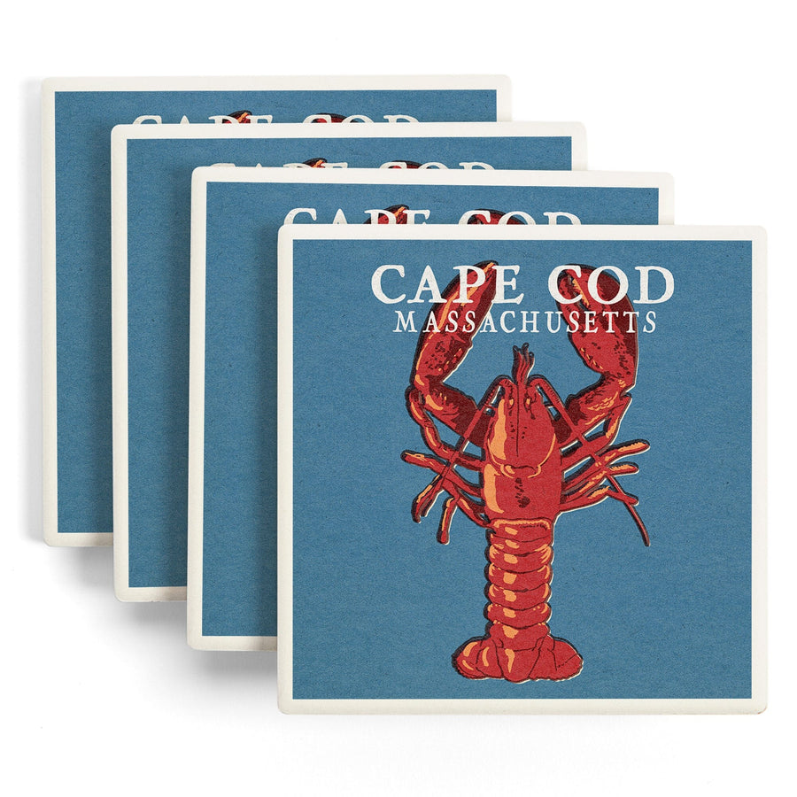 Cape Cod, Massachusetts, Lobster Woodblock, Lantern Press Artwork, Coaster Set - Lantern Press