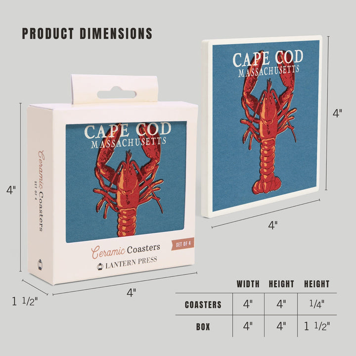 Cape Cod, Massachusetts, Lobster Woodblock, Lantern Press Artwork, Coaster Set - Lantern Press