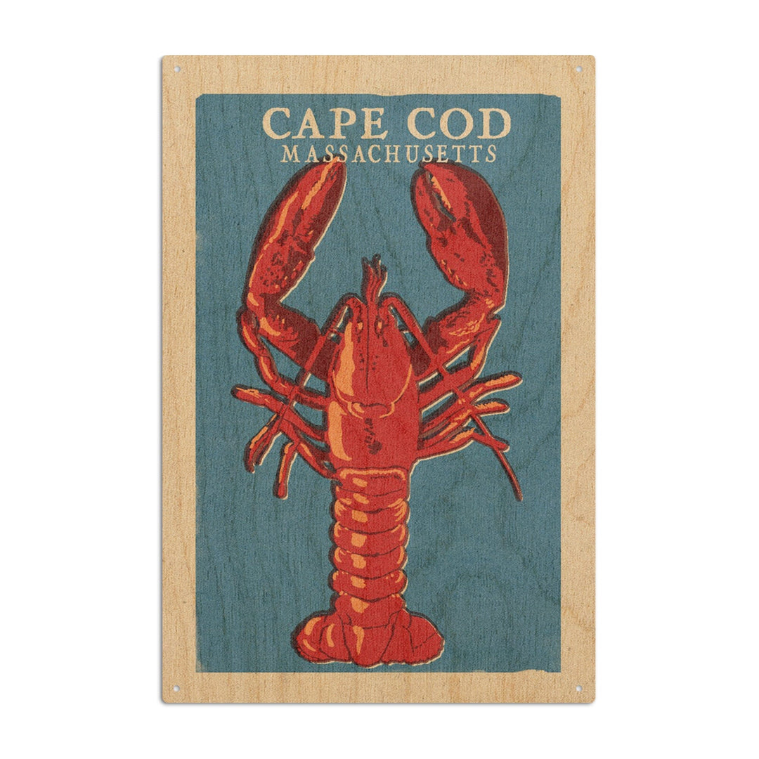 Cape Cod, Massachusetts, Lobster Woodblock, Lantern Press Artwork, Wood Signs and Postcards Wood Lantern Press 10 x 15 Wood Sign 
