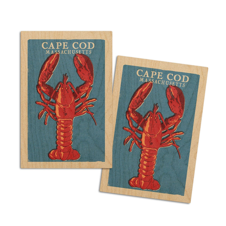 Cape Cod, Massachusetts, Lobster Woodblock, Lantern Press Artwork, Wood Signs and Postcards Wood Lantern Press 4x6 Wood Postcard Set 