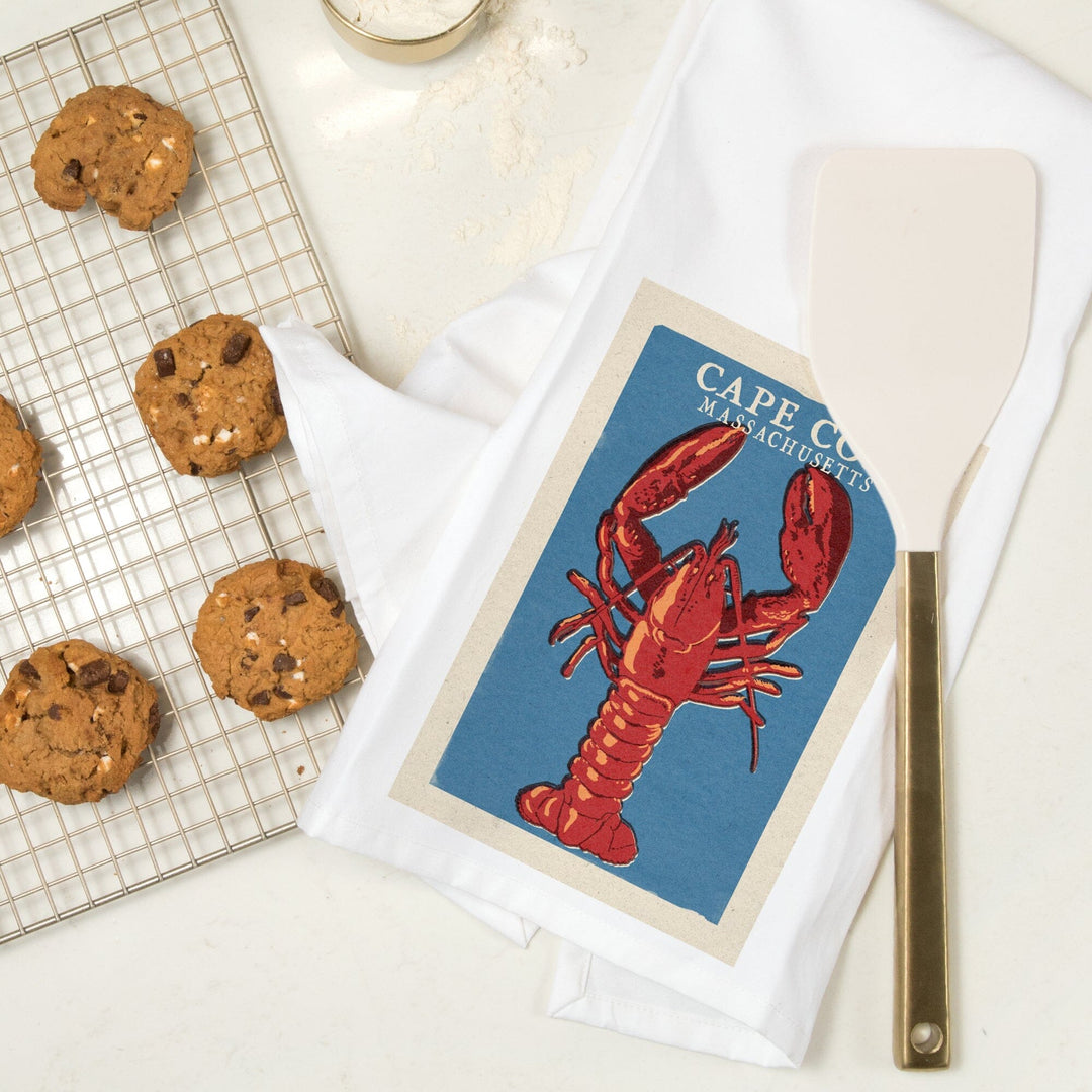Cape Cod, Massachusetts, Lobster Woodblock, Organic Cotton Kitchen Tea Towels Kitchen Lantern Press 