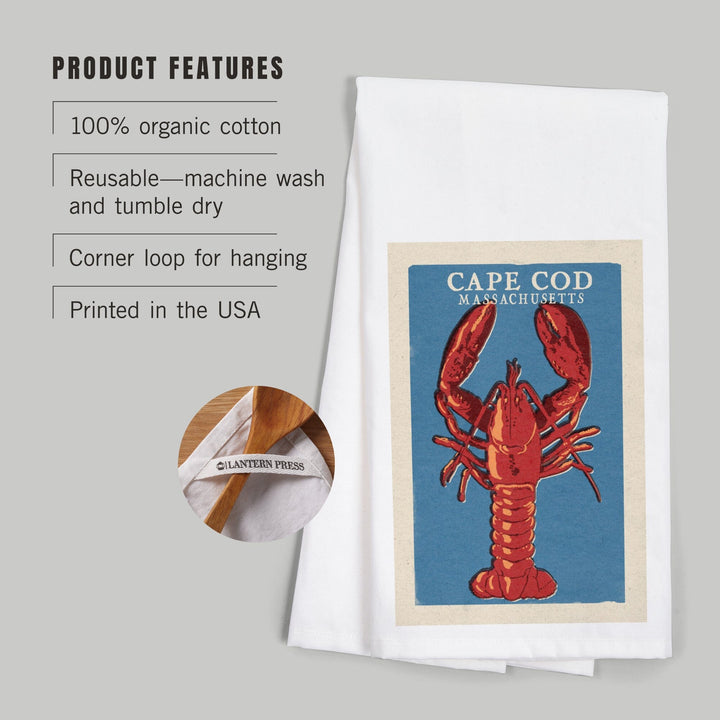 Cape Cod, Massachusetts, Lobster Woodblock, Organic Cotton Kitchen Tea Towels Kitchen Lantern Press 