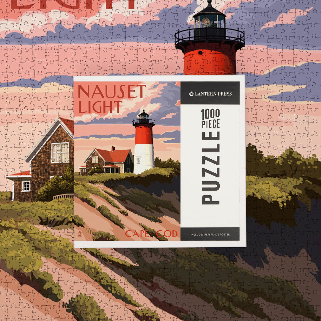 Cape Cod, Massachusetts, Nauset Light and Sunset, Jigsaw Puzzle Puzzle Lantern Press 