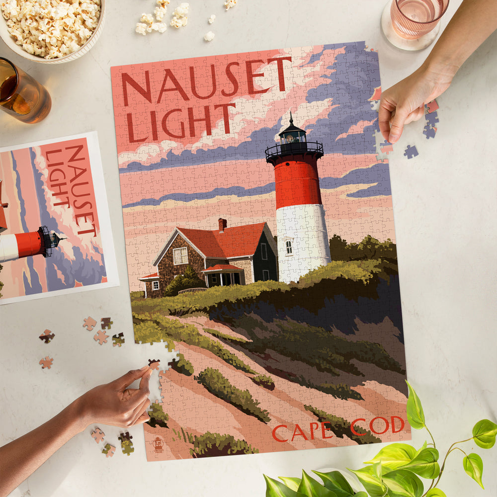Cape Cod, Massachusetts, Nauset Light and Sunset, Jigsaw Puzzle Puzzle Lantern Press 