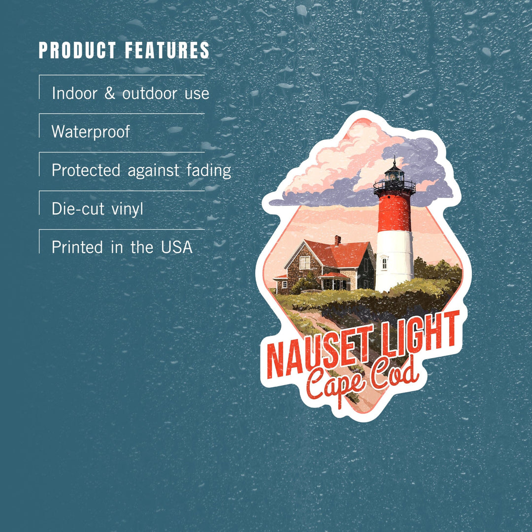 Cape Cod, Massachusetts, Nauset Light & Sunset, Contour, Lantern Press Artwork, Vinyl Sticker - Lantern Press