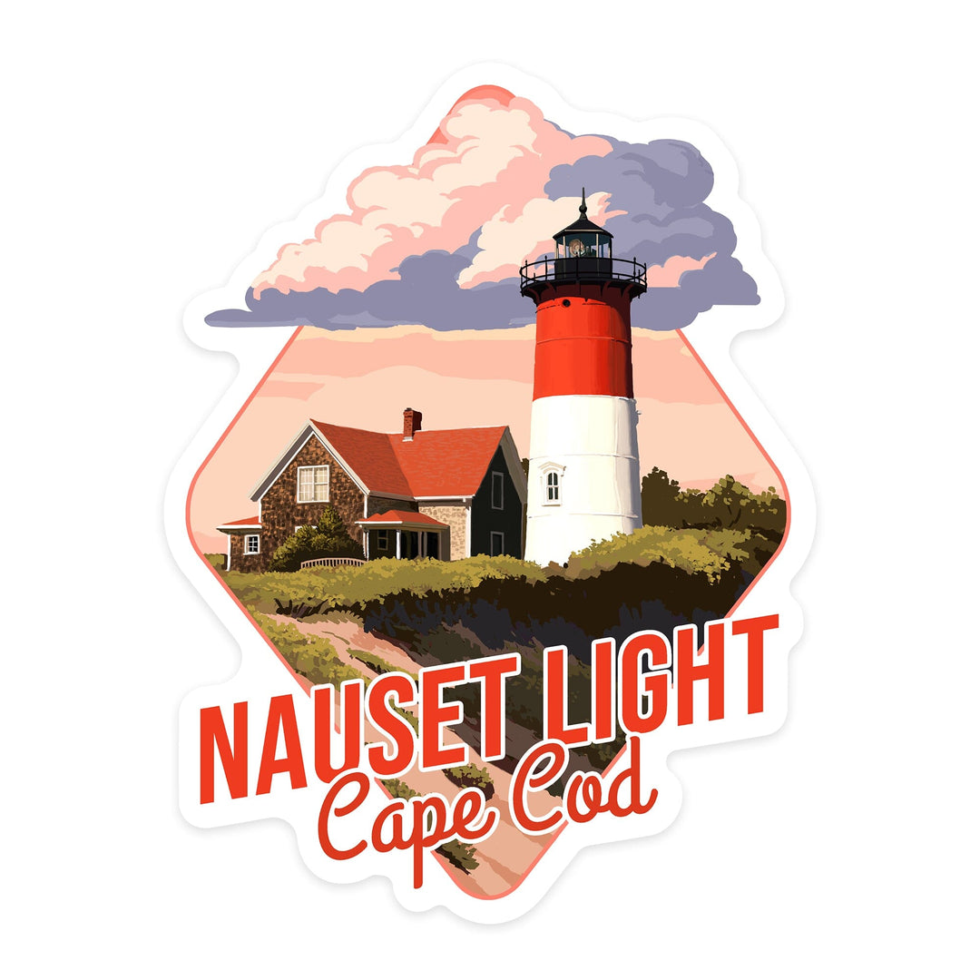 Cape Cod, Massachusetts, Nauset Light & Sunset, Contour, Lantern Press Artwork, Vinyl Sticker - Lantern Press