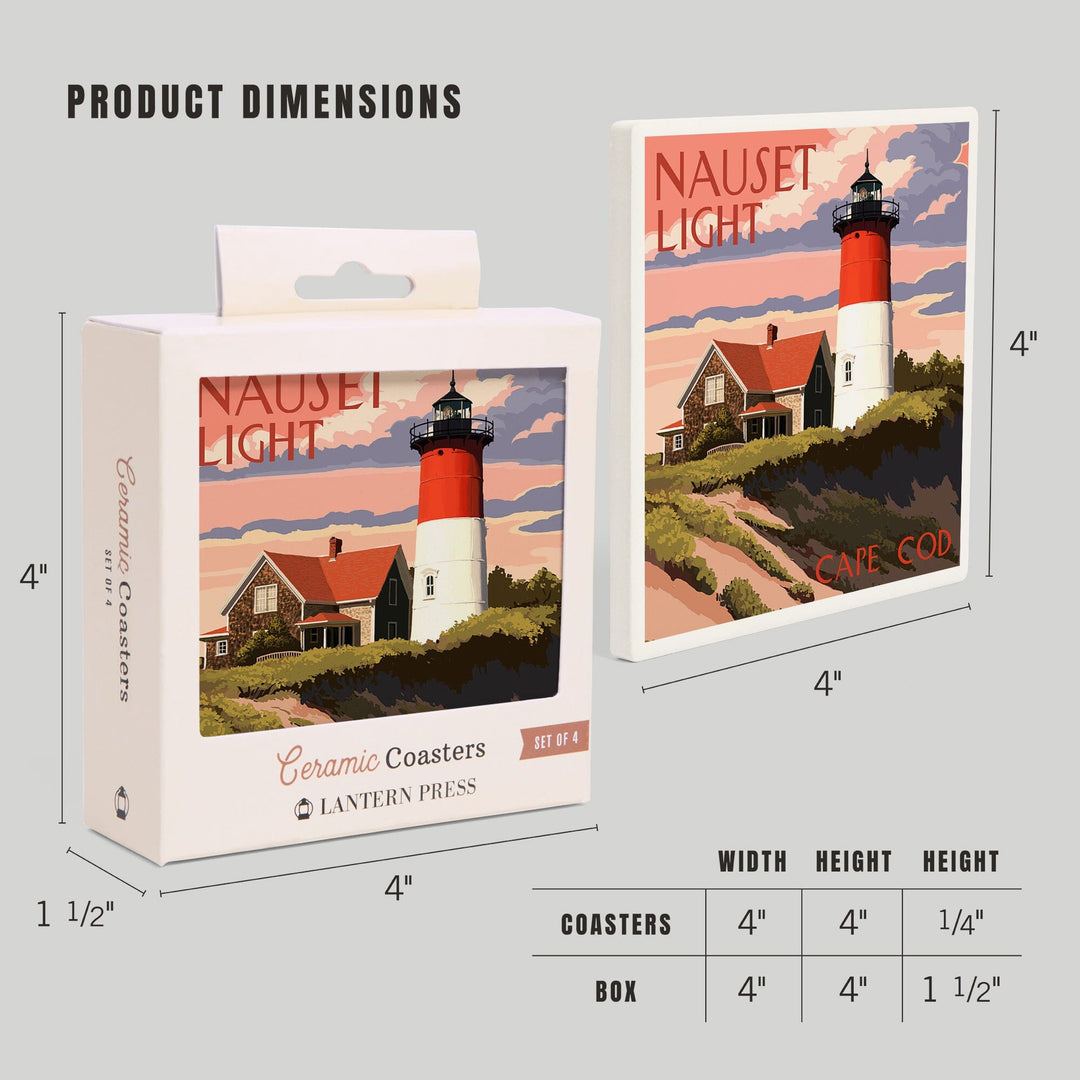 Cape Cod, Massachusetts, Nauset Light & Sunset, Lantern Press Artwork, Coaster Set - Lantern Press