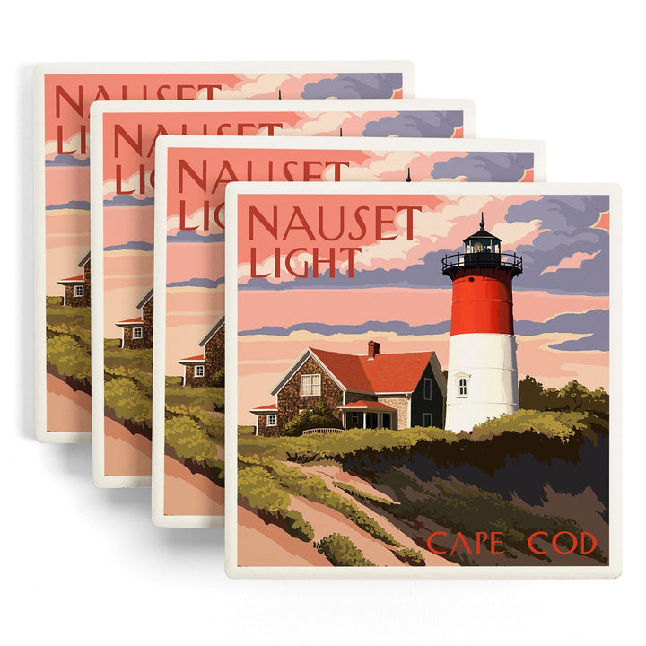 Cape Cod, Massachusetts, Nauset Light & Sunset, Lantern Press Artwork, Coaster Set - Lantern Press