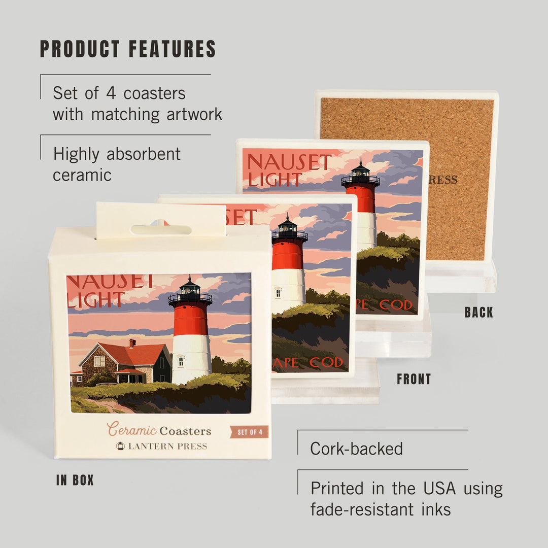 Cape Cod, Massachusetts, Nauset Light & Sunset, Lantern Press Artwork, Coaster Set - Lantern Press