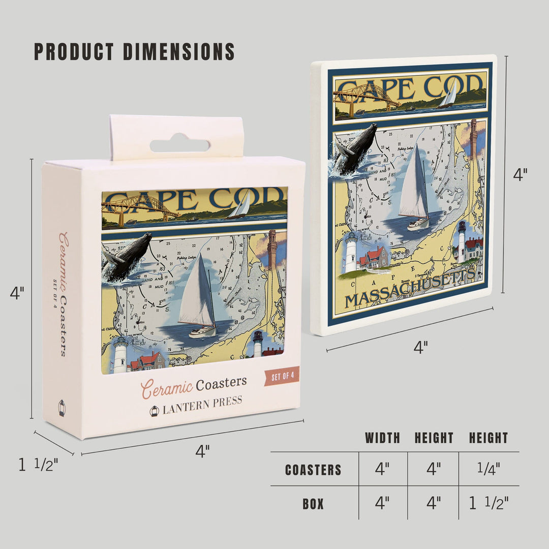 Cape Cod, Massachusetts, Nautical Chart, Lantern Press Artwork, Coaster Set - Lantern Press