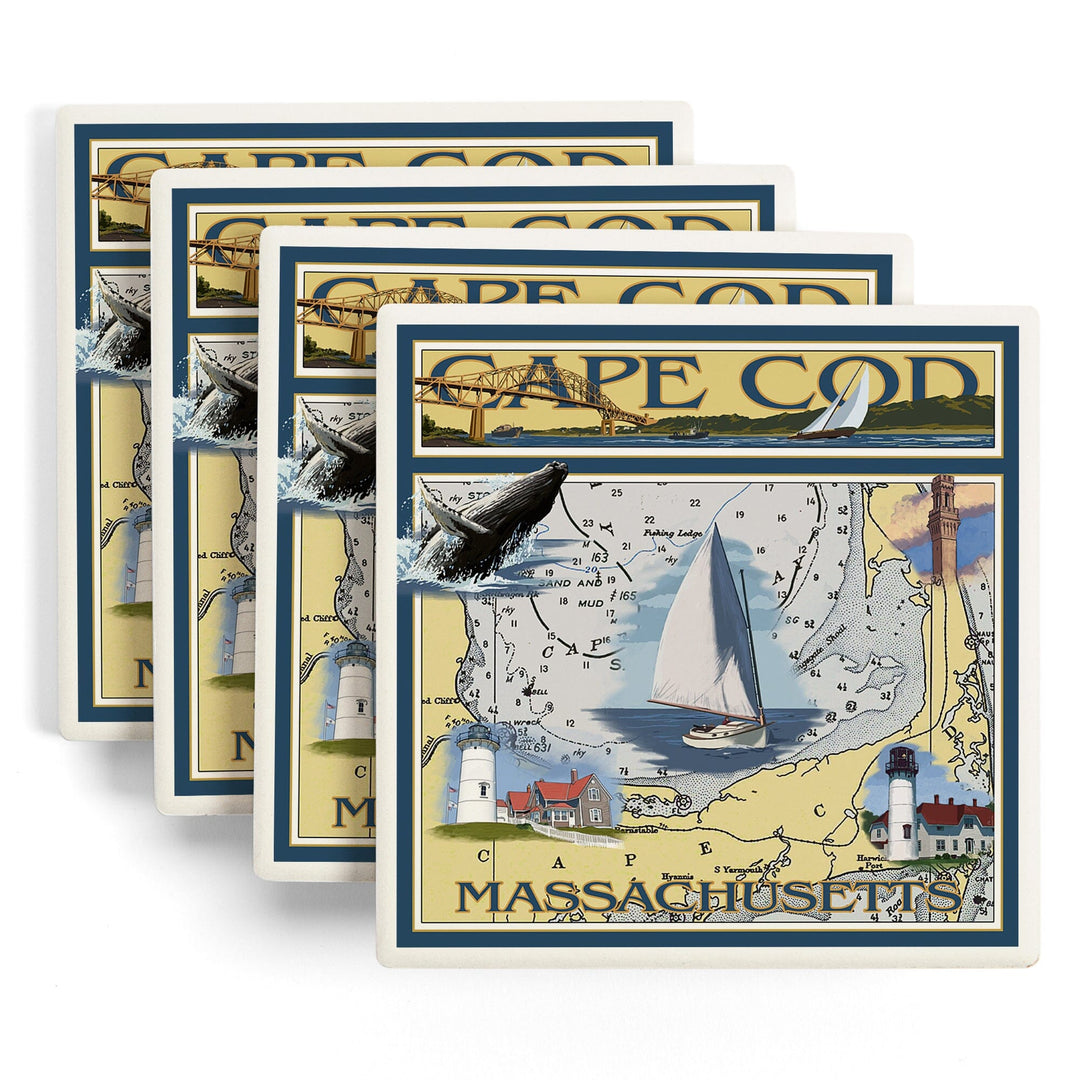 Cape Cod, Massachusetts, Nautical Chart, Lantern Press Artwork, Coaster Set - Lantern Press