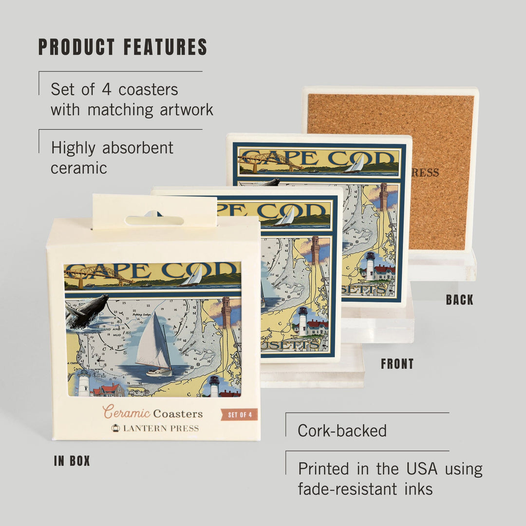 Cape Cod, Massachusetts, Nautical Chart, Lantern Press Artwork, Coaster Set - Lantern Press