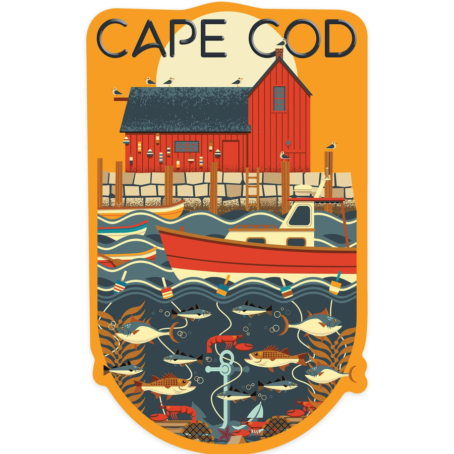 Cape Cod, Massachusetts, Nautical Geometric, Contour, Vinyl Sticker Sticker Lantern Press 
