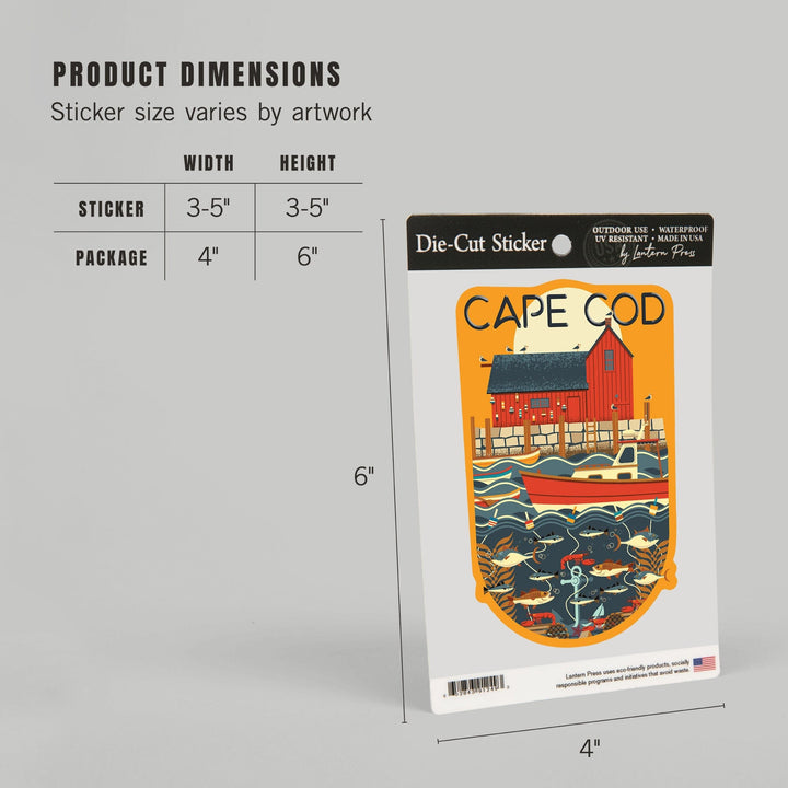 Cape Cod, Massachusetts, Nautical Geometric, Contour, Vinyl Sticker Sticker Lantern Press 
