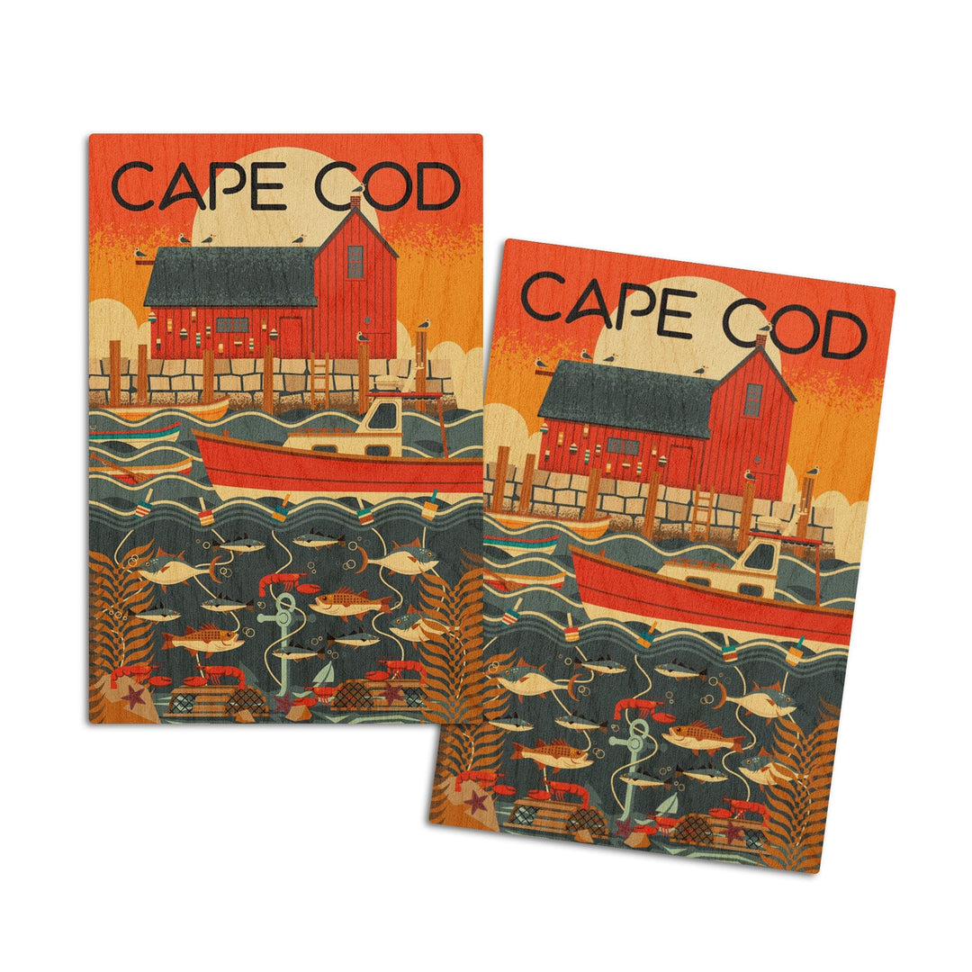 Cape Cod, Massachusetts, Nautical Geometric, Lantern Press Artwork, Wood Signs and Postcards Wood Lantern Press 4x6 Wood Postcard Set 