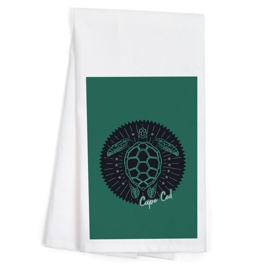 Cape Cod, Massachusetts, Neon Turtle, Navy Background, Contour, Organic Cotton Kitchen Tea Towels - Lantern Press