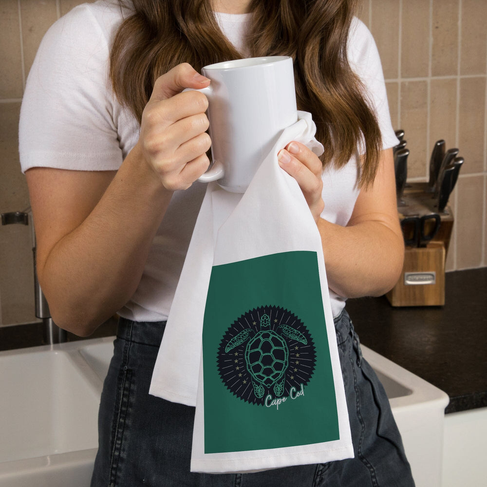 Cape Cod, Massachusetts, Neon Turtle, Navy Background, Contour, Organic Cotton Kitchen Tea Towels Kitchen Lantern Press 