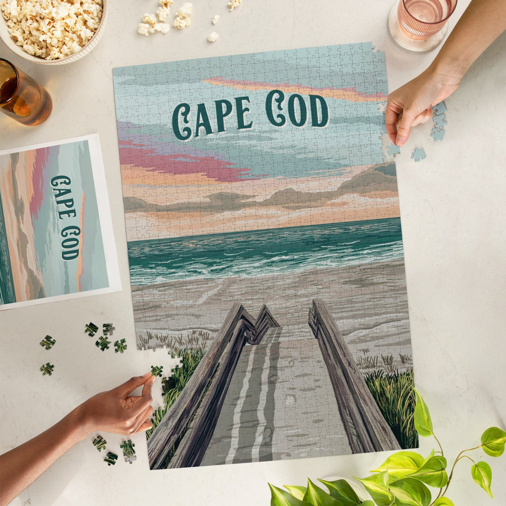 Cape Cod, Massachusetts, Painterly, Beach Boardwalk Scene, Jigsaw Puzzle Puzzle Lantern Press 