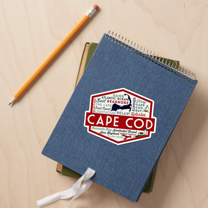 Cape Cod, Massachusetts, Typography and Icons, Contour, Vinyl Sticker Sticker Lantern Press 